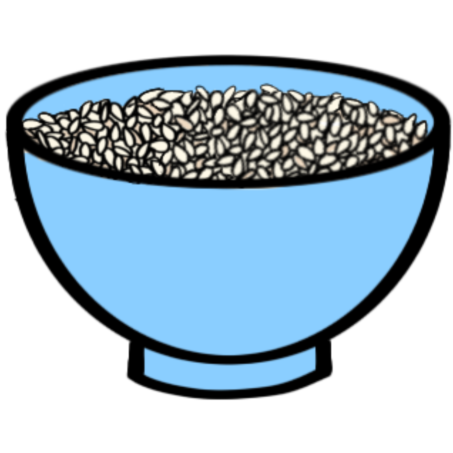 a small blue bowl of sesame seeds.